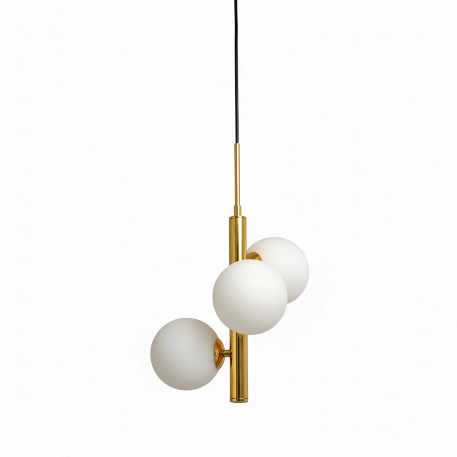 Modern pendant light with three glass bulbs on a white background