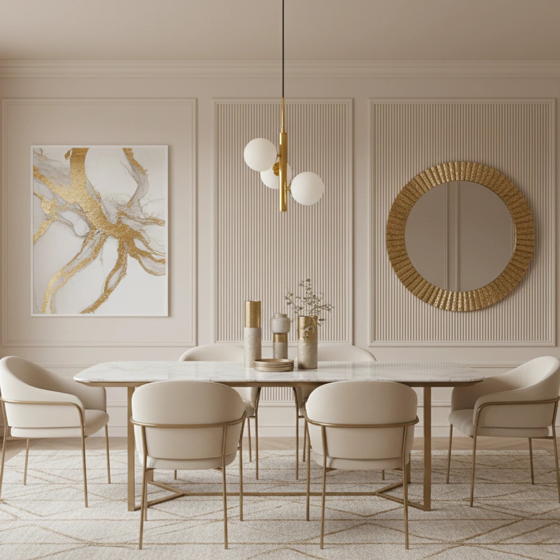 Elegant dining room with a round table and chairs, gold accents, and wall art.