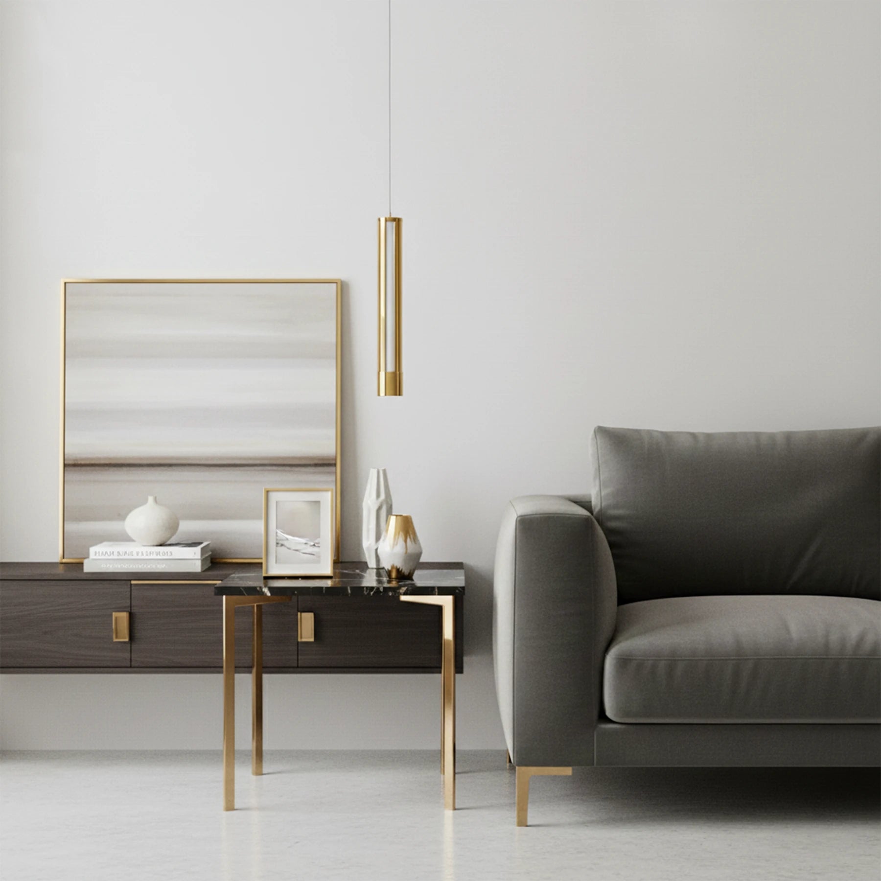 Modern living room with gray sofa, side table, and wall art.