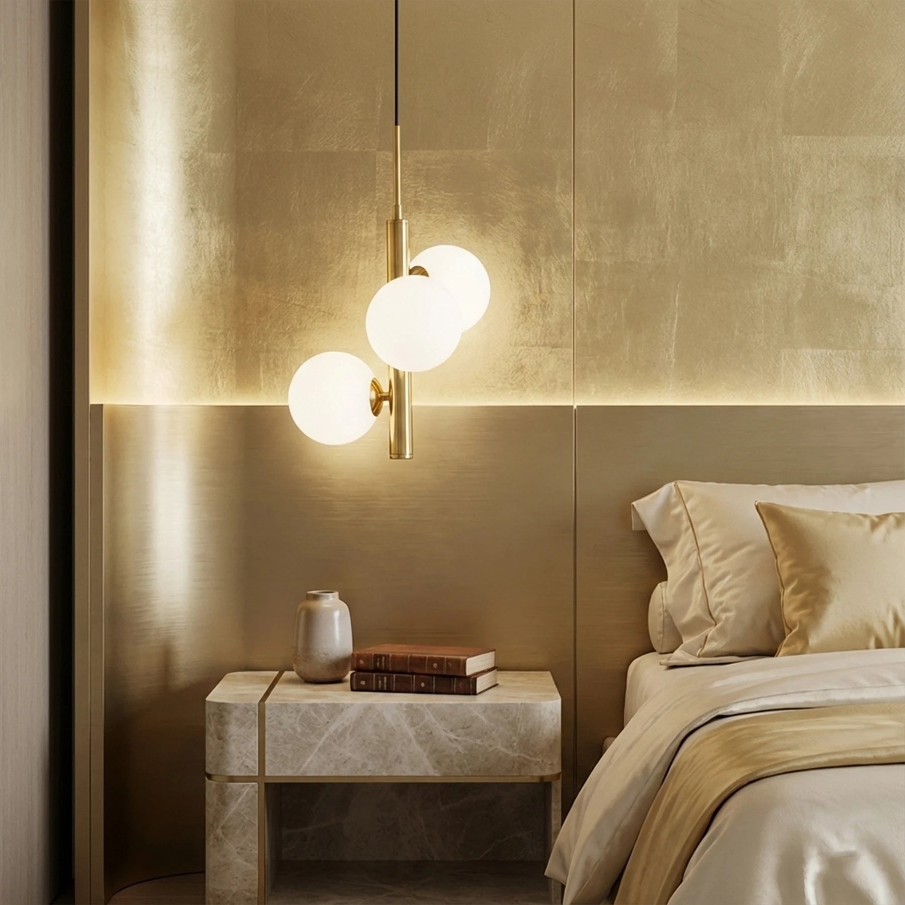 Modern bedroom with a side table and wall-mounted light fixture.