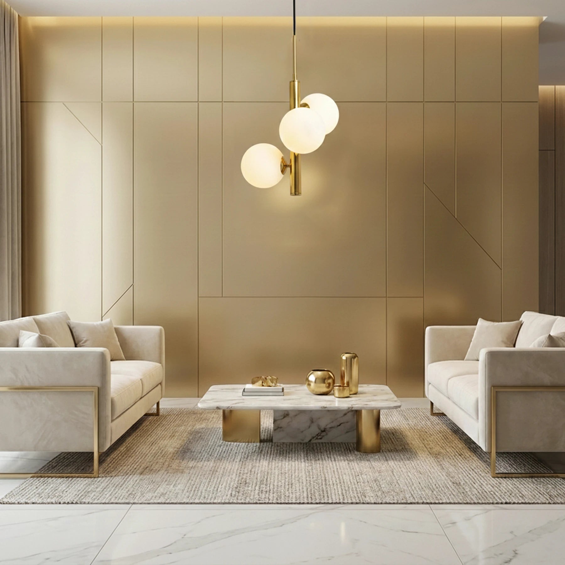 Modern living room with gold accents and marble coffee table.