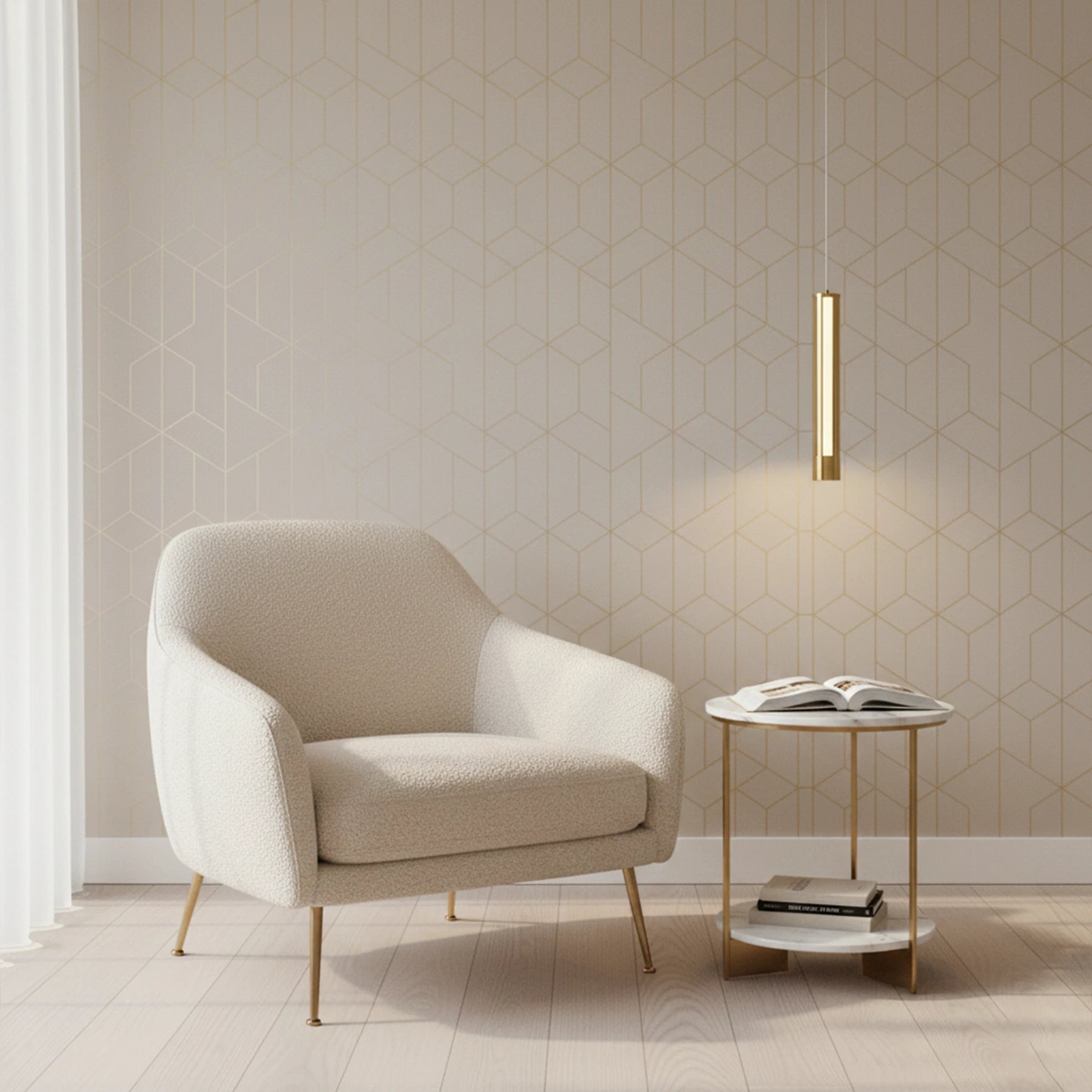 Beige armchair and side table against a geometric-patterned wall.