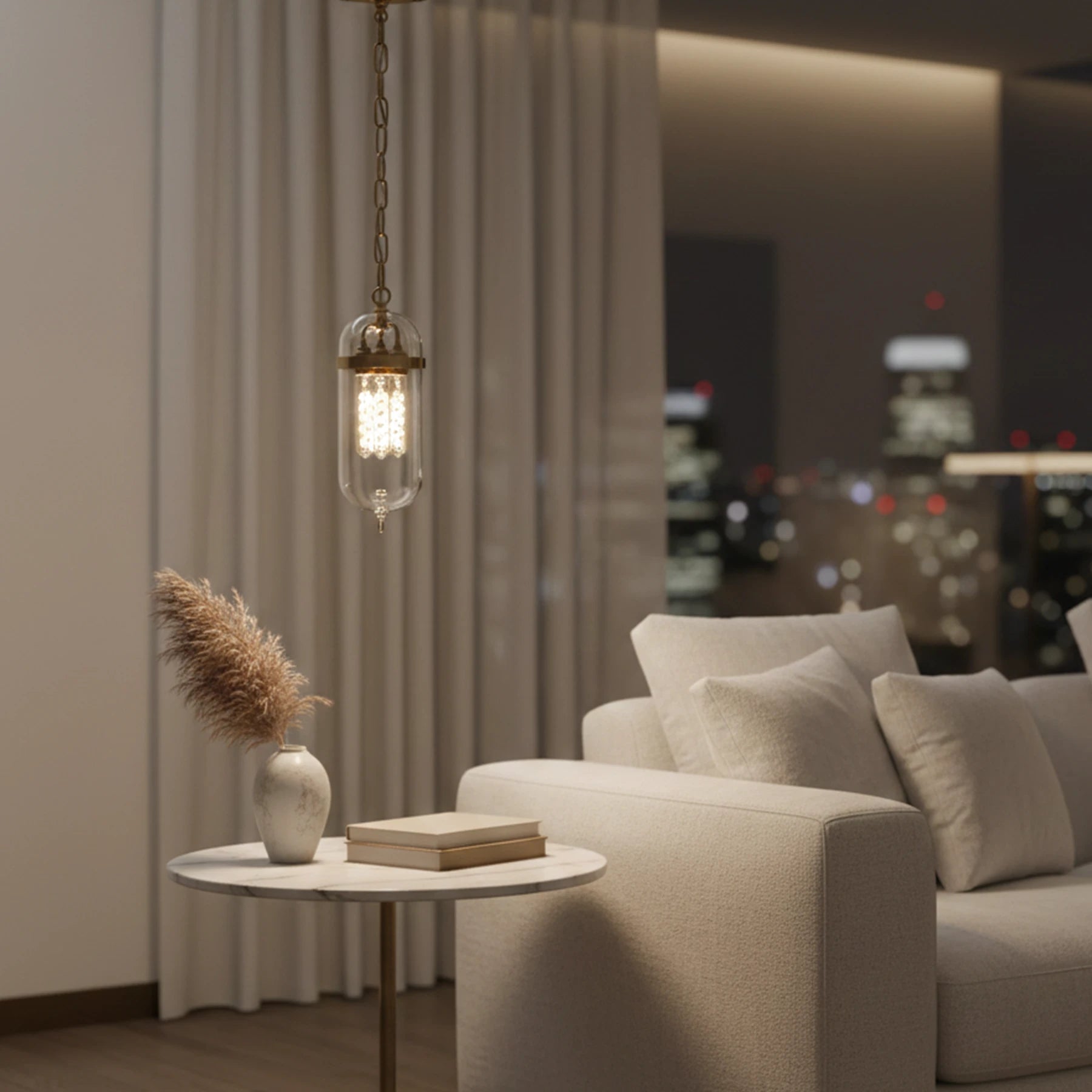 Modern living room with a beige sofa, small round table, and hanging light fixture.