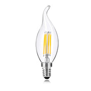 Clear LED light bulb with a wavy design on a white background