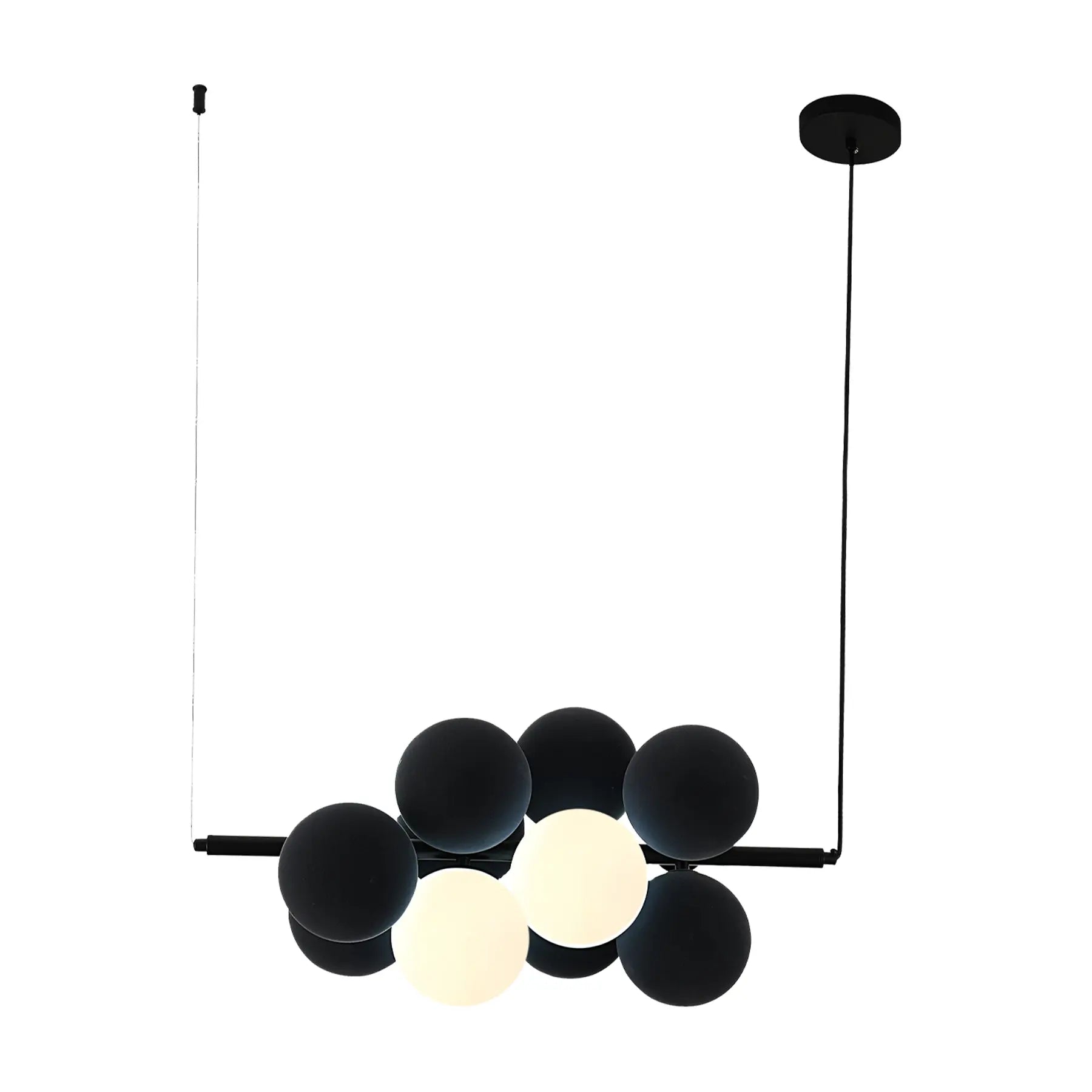 Name Abeeha Celestial Orb Pendant Light in midnight black and white, featuring a modern 10-bulb design with spherical globes on a black metal frame, illuminating a stylish dining room.