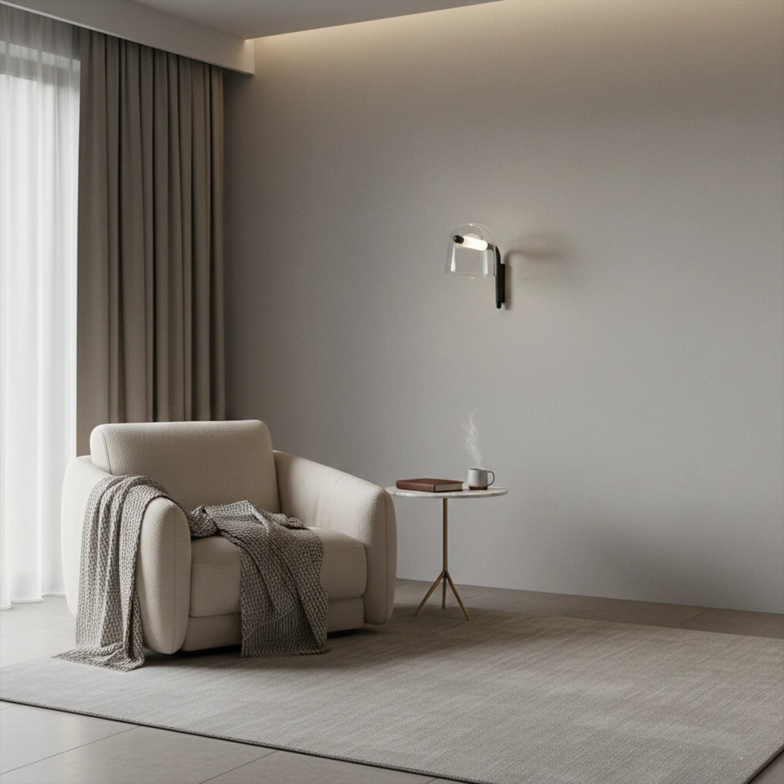 Modern living room with a beige armchair, side table, and wall lamp.