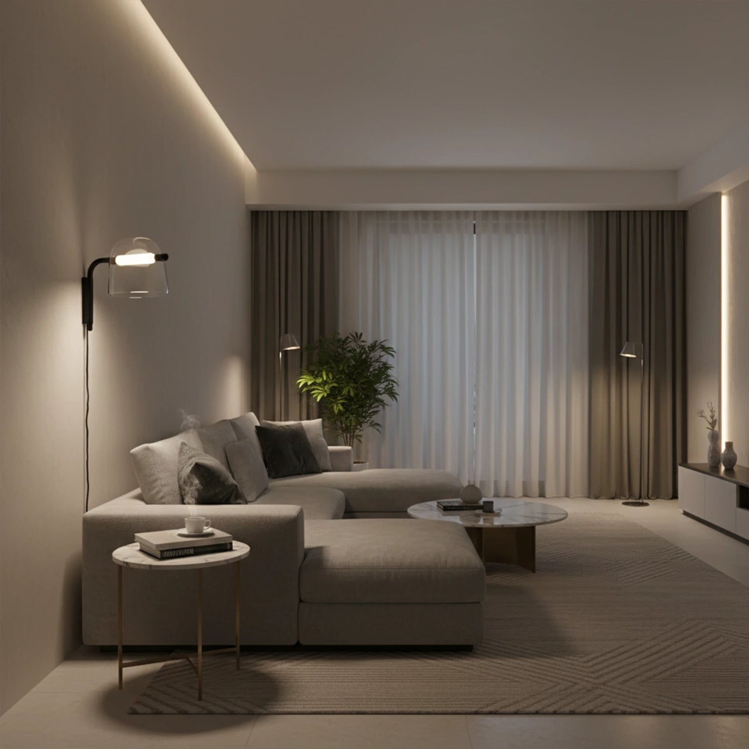 Modern living room with a beige sectional sofa, side tables, and decorative elements.